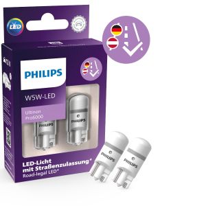 Philips LED Glassockelbirne W 5W Ultinon Pro6000 mit Straßenzulassung 6000K  2Stk. 