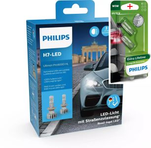 Philips H7-LED Ultinon Pro6000 Scheinwerferlampe 5800K mit Zulassung 2Stk. + W5W LL 